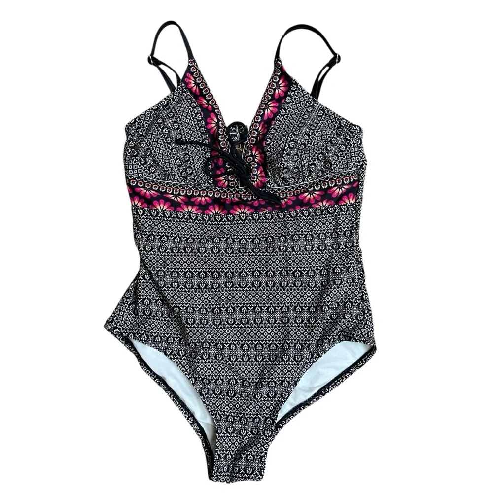 Kona Sol Lace Up Front Black and Pink Geometric One Piece Swimsuit S